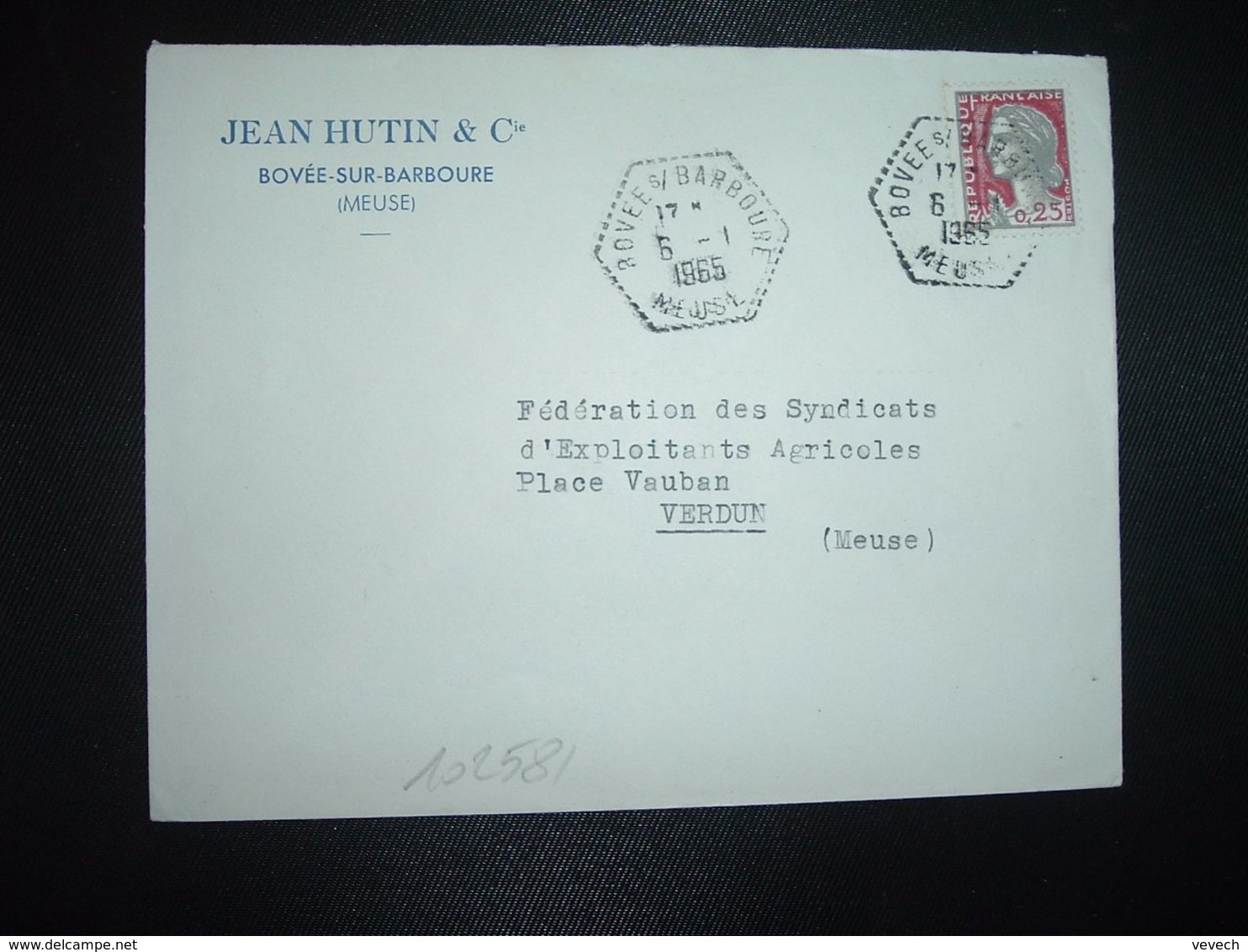 LETTRE TP M. DE DECARIS 0,25 OBL. HEXAGONALE 6-1 1965 BOVEE S/ BARBOURE MEUSE (55) JEAN HUTIN & Cie - Cachets Manuels