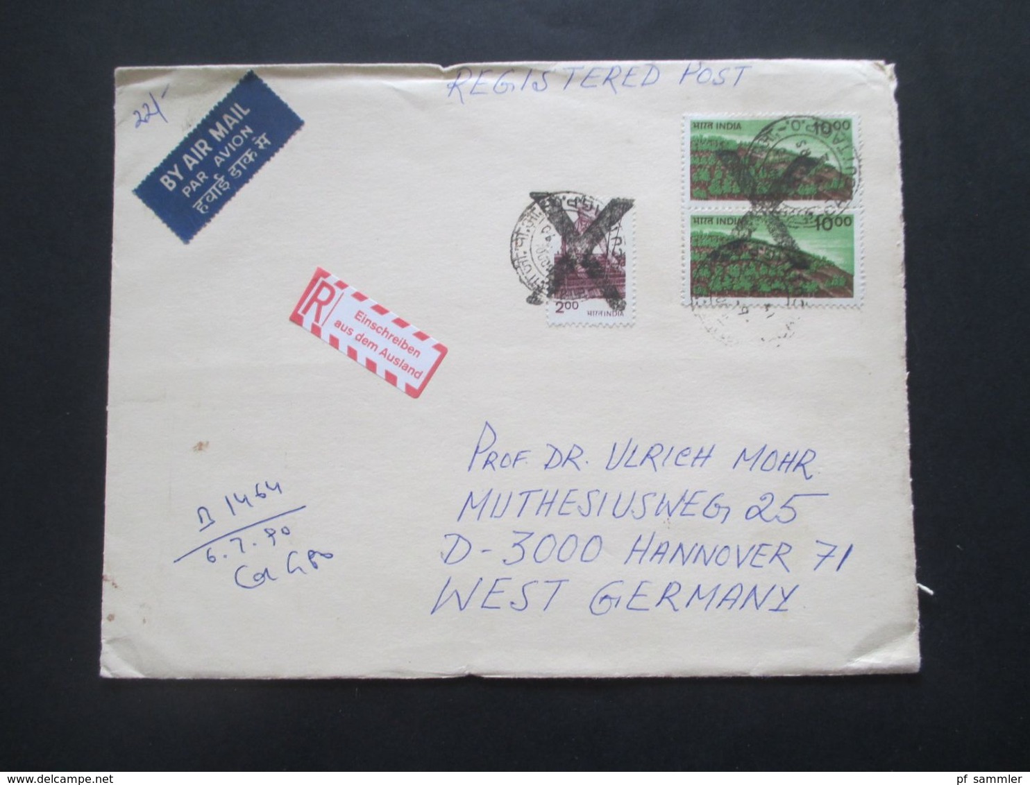 Indien Um 1989 Aufkleber Einschreiben Aus Dem Ausland By Air Mail / Luftpost Alle Nach Hannover Gelaufen! - Cartas & Documentos