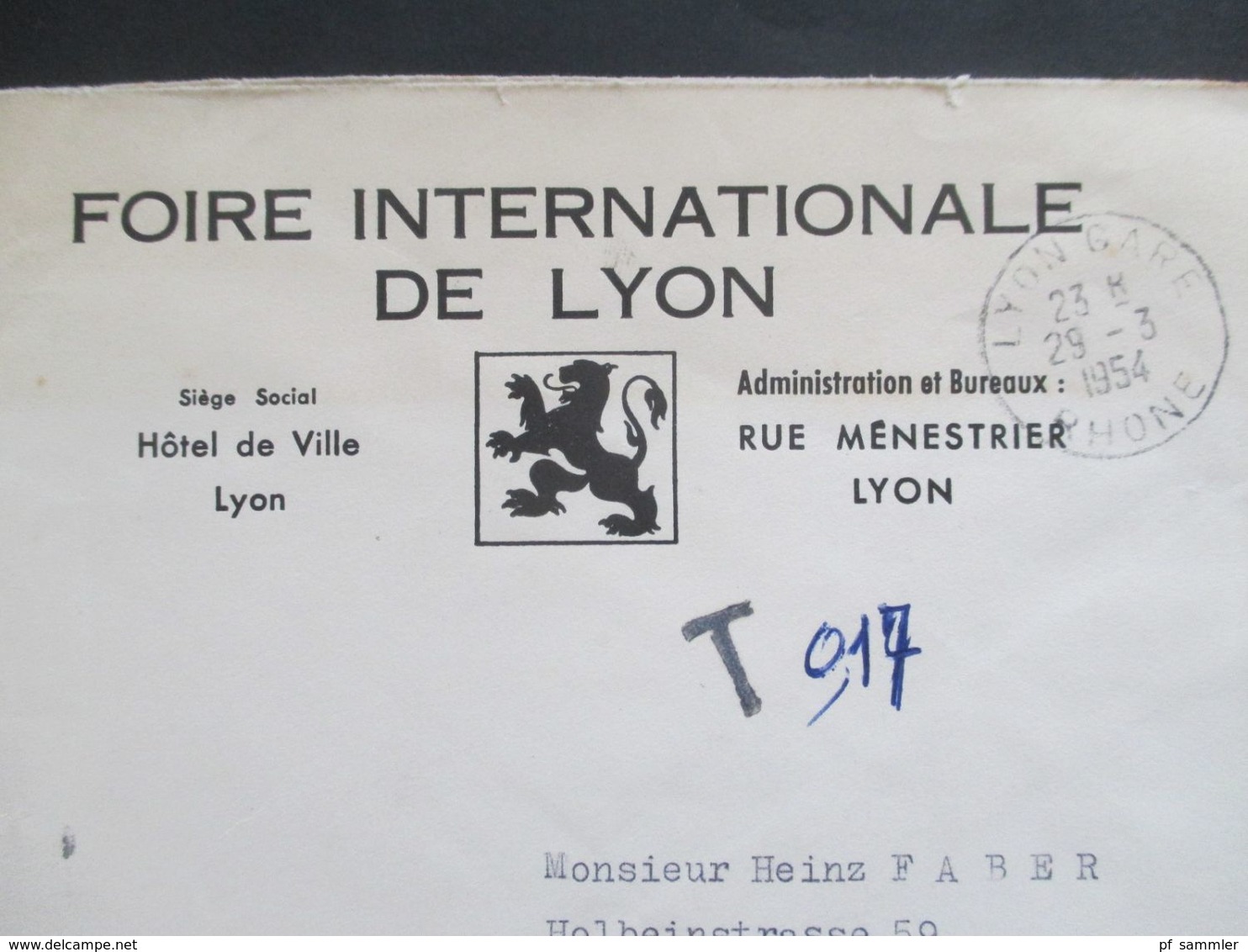 Frankreich 1954 Foire Internationale De Lyon Hotel De Ville Stempel Lyon Gare Nach Frankfurt - Cartas & Documentos