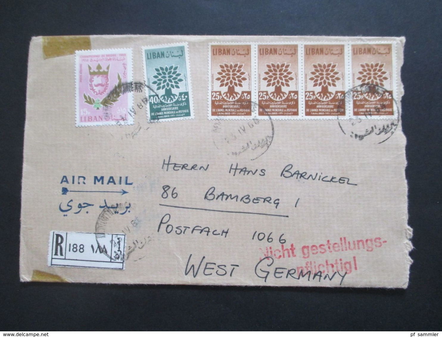 Libanon 1966 Einschreiben Air Mail / Luftpost Roter Stempel L2 Nicht Gestellungspflichtig! Liban - Liban