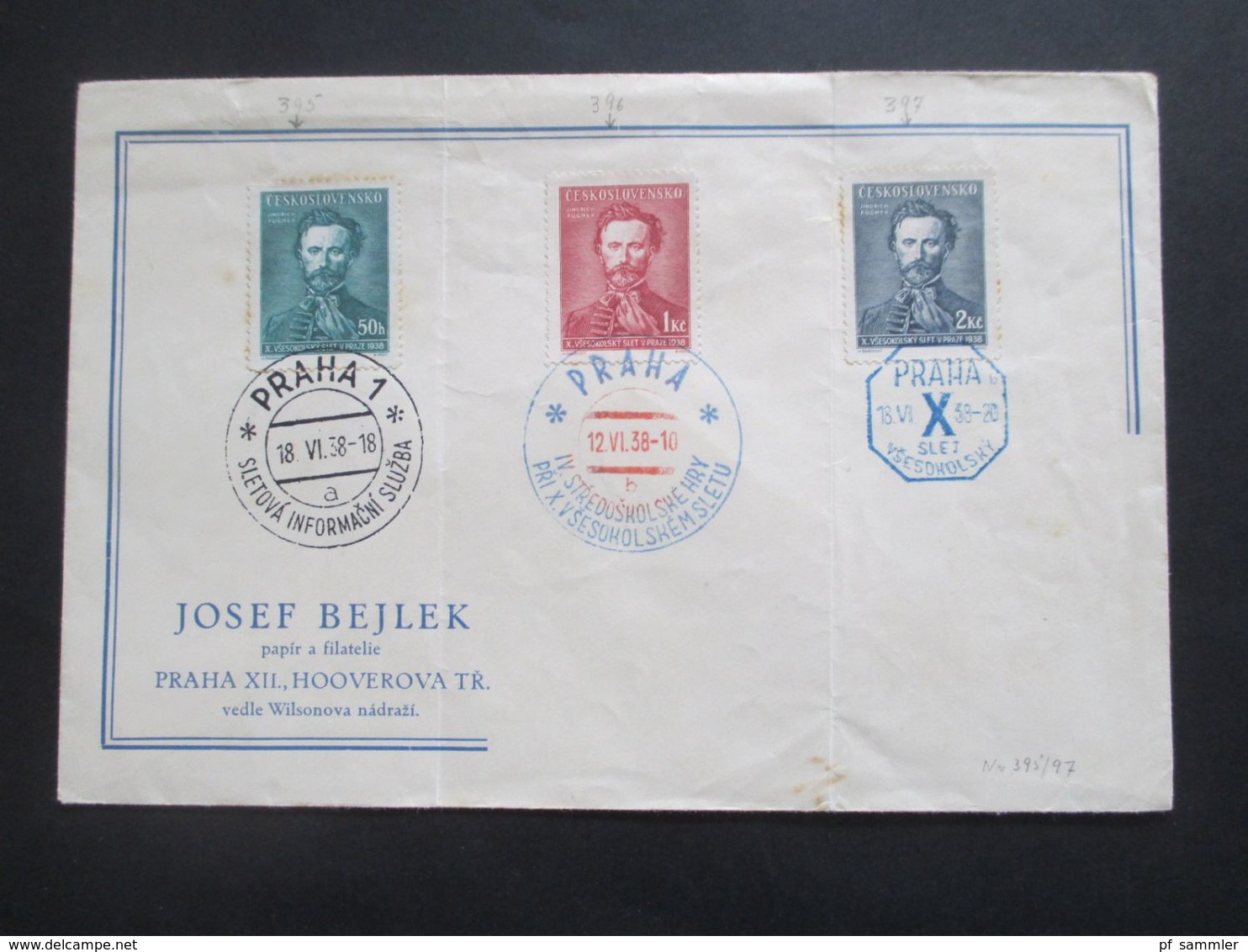 CSSR 1938 Allslawische Sokolspiele Nr. 395 - 397 FDC / 3 Verschiedene Stempel Umschlag Josef Bejlek Praha - Briefe U. Dokumente