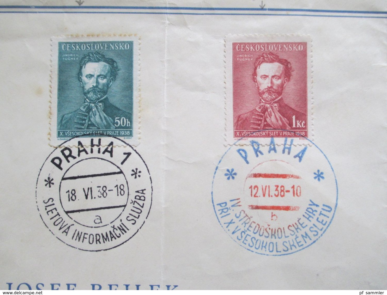 CSSR 1938 Allslawische Sokolspiele Nr. 395 - 397 FDC / 3 Verschiedene Stempel Umschlag Josef Bejlek Praha - Storia Postale