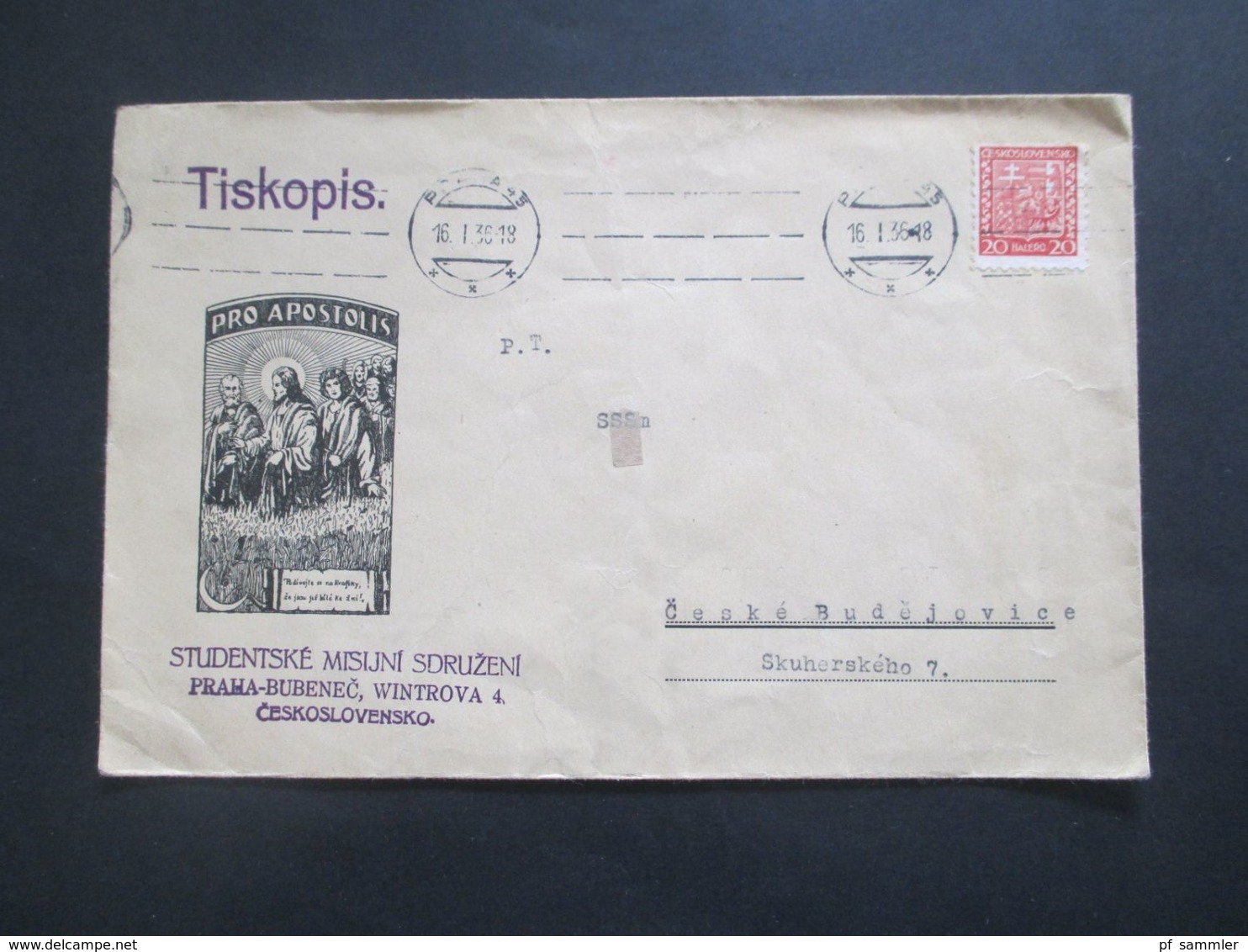 CSSR 1936 Studentika Pro Apostolis / Studentske Misijni Sdruzeni Praha - Ceske Budejovice - Briefe U. Dokumente