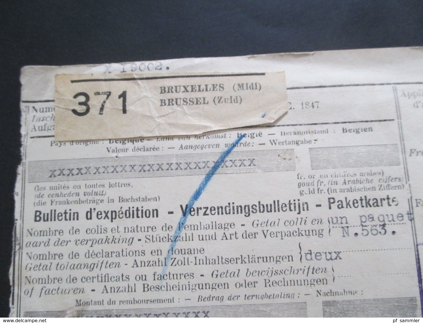 Belgien 1936 Paketkarte Brüssel - Tetschen über Dresden mit Nachportomarken z.B. Nr. 62 Eckrandstück mit Nr. 34