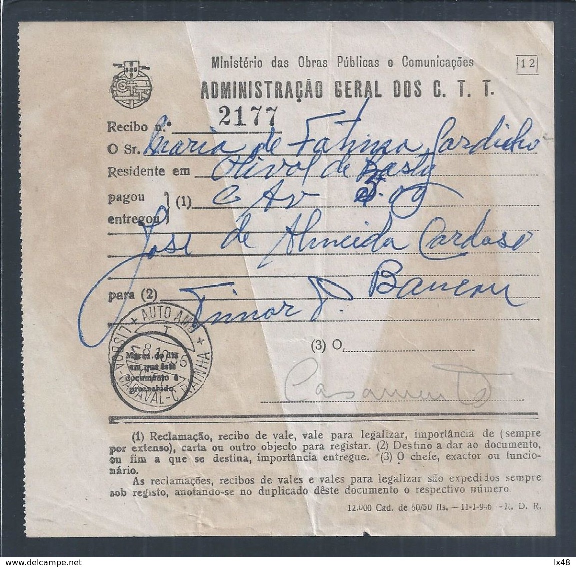 Raro Recibo De Carta Com AR Enviada Para Baucau, Timor Da Auto-Ambulância Lisboa Cadaval Caldas Da Rainha 1956. - Covers & Documents