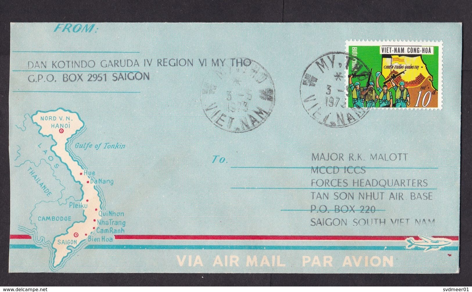 Vietnam: Airmail Cover, 1973, 1 Stamp, Military, War, Sent To Forces HQ Air Base (minor Discolouring) - Vietnam