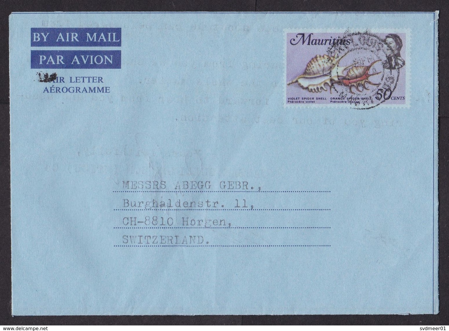 Mauritius: Stationery Aerogramme To Switzerland, 1975, Shell, Landscape, Private Imprint Letterhead (traces Of Use) - Mauritius (1968-...)