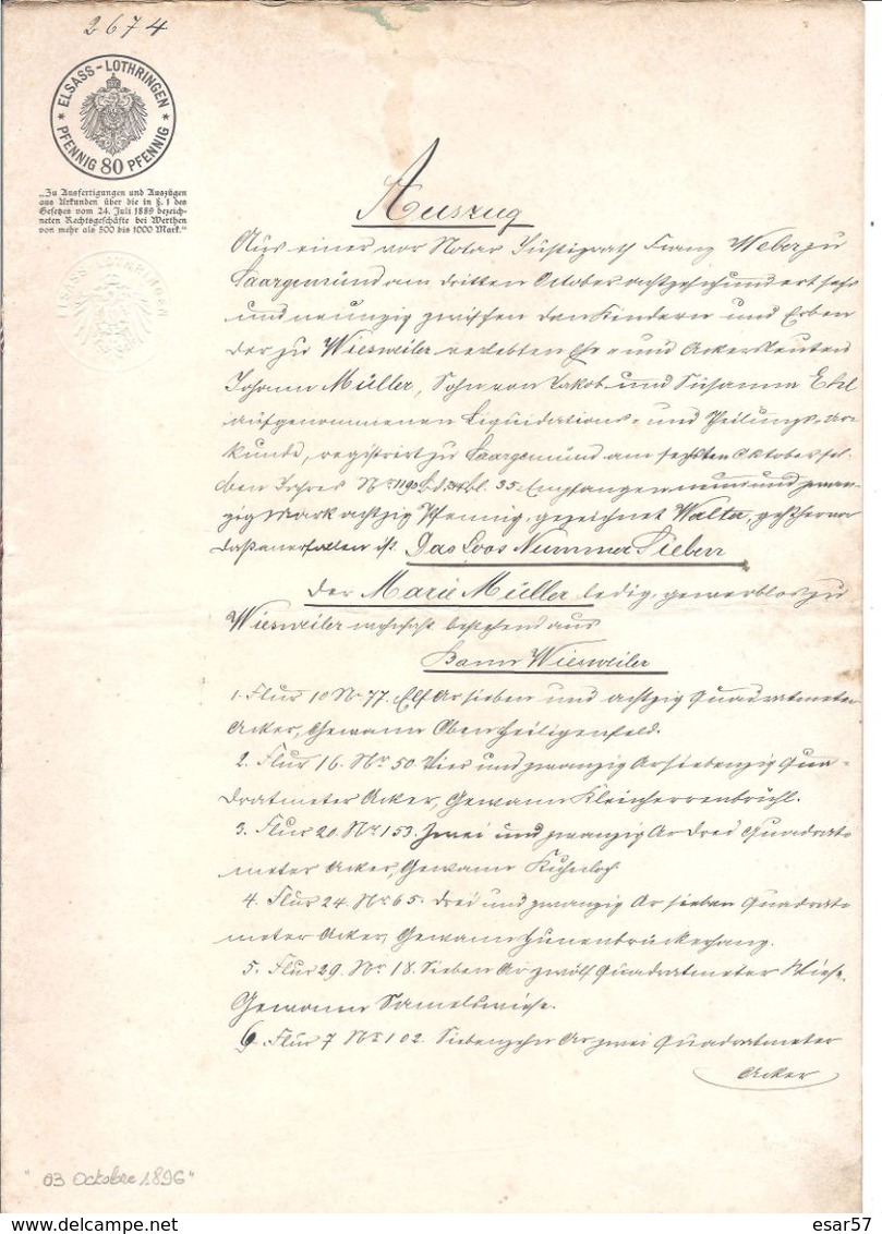 FISCAUX  Acte Notarié Du 3 Octobre 1896 Sarreguemines - Other & Unclassified