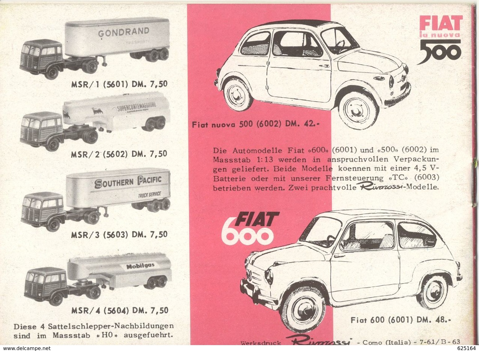 Catalogue RIVAROSSI 1961/62 TRIX HO 1/87 Brochure FIAT 500 & 600 Prix DM - German