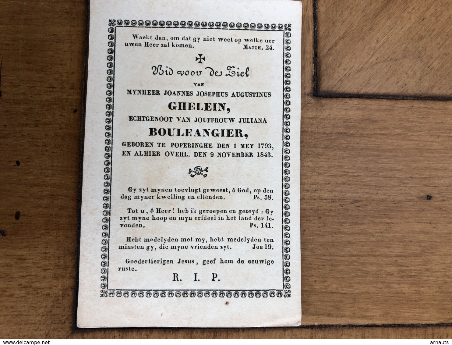 Ghelein Joannes Jozephus Echte Bouleangier Juliana *1793 Poperinge +1843 Poperinge “délices De Marie” - Obituary Notices