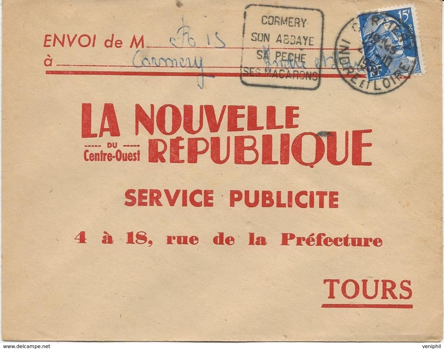 LETTRE OBLITERATION DAGUIN " CORMERY-SON ABBAYE -SA PECHE -SES MACARONS -INDRE ET LOIRE -1954 - Mechanical Postmarks (Other)