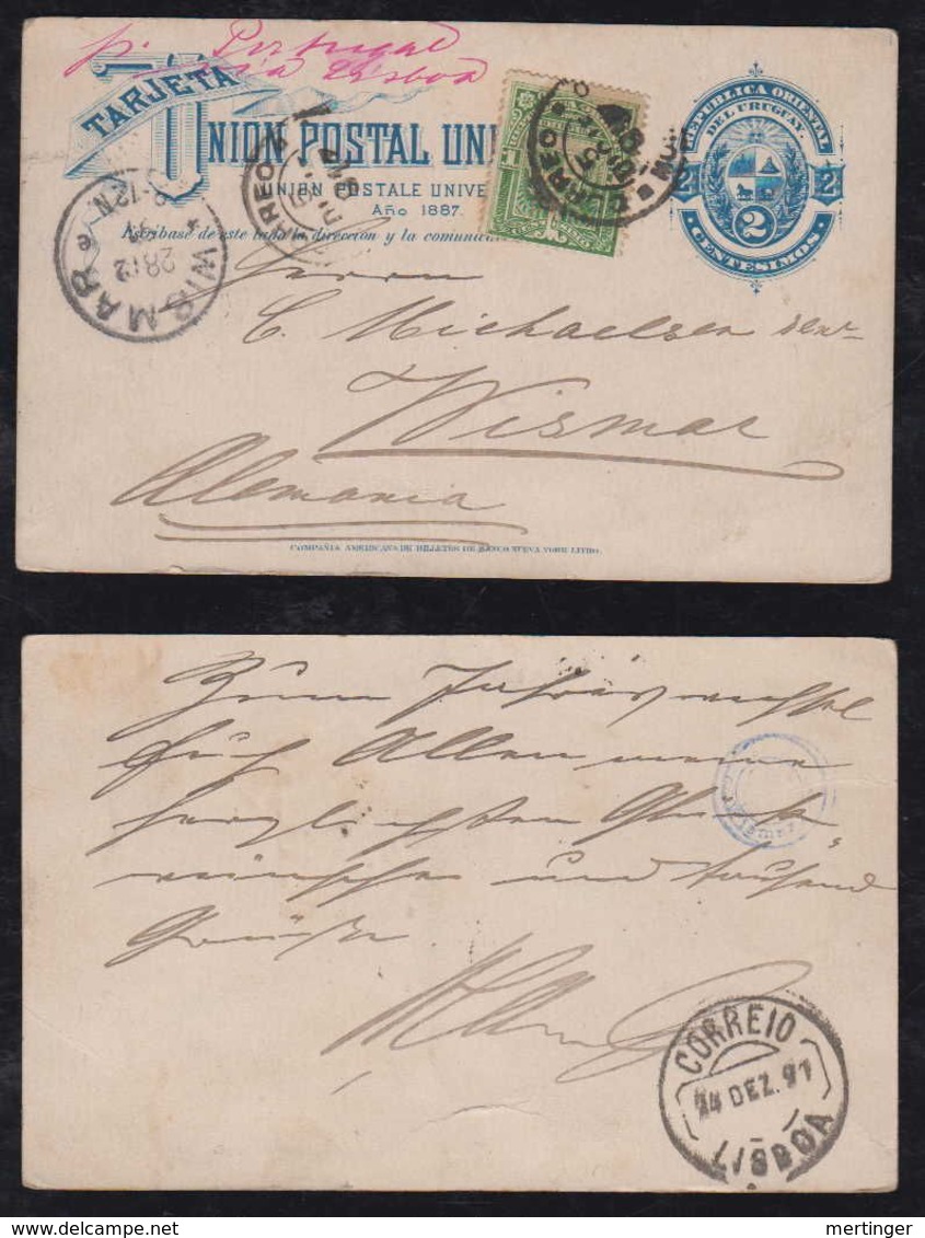 Uruguay 1891 Uprated Postcard Stationery 2c To WISMAR Germany Via LISBOA - Uruguay