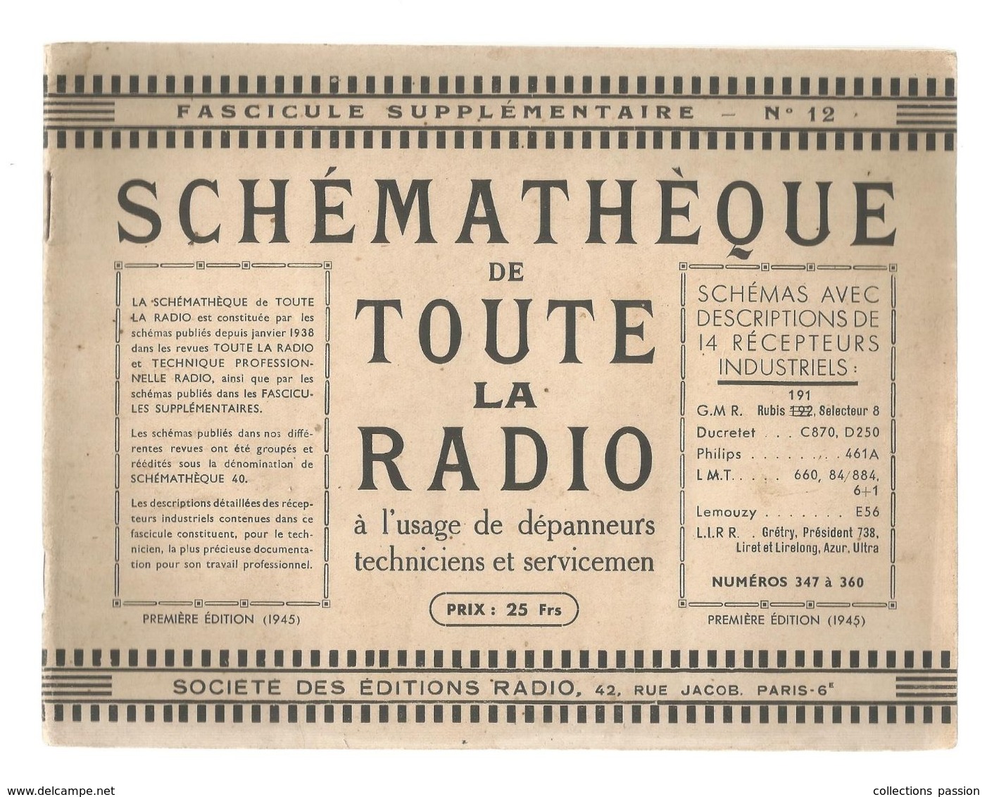 Revue Technique , Schémathéque De Toute La Radio , Fascicule Supplémentaire N° 12 , Frais Fr 3.55 E - Basteln