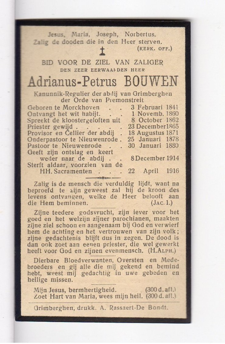 Doodsprentje GEESTELIJKE / KANUNNIK A.P. BOUWEN °1841 MORCKHOVEN MORKHOVEN PASTOOR NIEUWENRODE +1916 Grimbergen - Images Religieuses