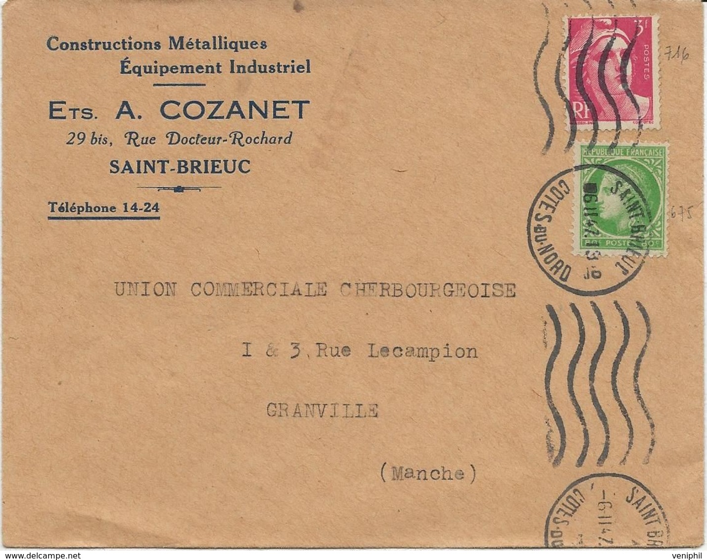 LETTRE OBLITERATION DAGUIN ONDULATION 5 LIGNES -CAD SAINT BRIEUC - COTE DU NORD - ANNEE 1947 - Maschinenstempel (Sonstige)