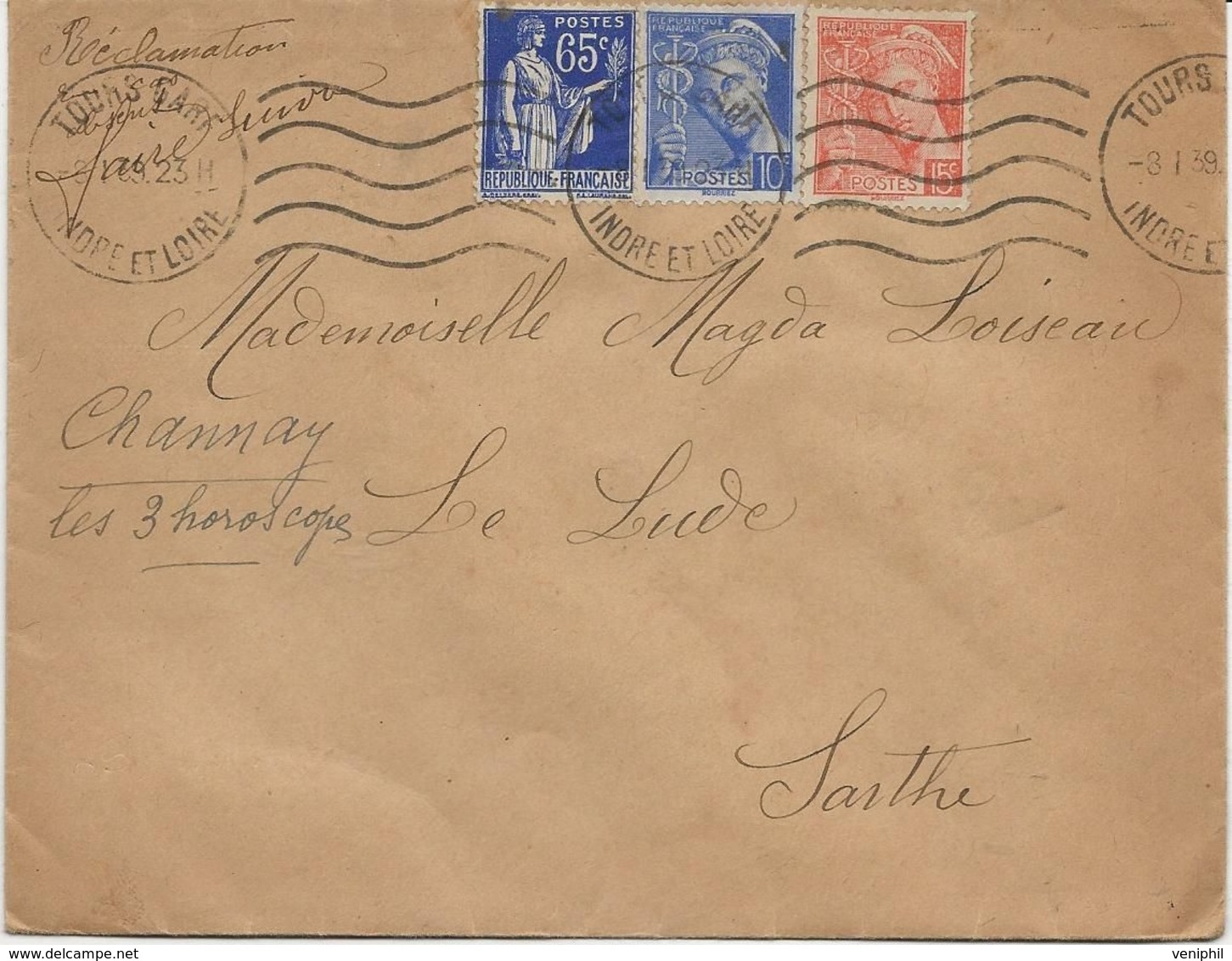 LETTRE OBLITERATION DAGUIN ONDULATION 5 LIGNES -CAD TOURS GARE -INDRE ET LOIRE -1923 - Mechanical Postmarks (Other)