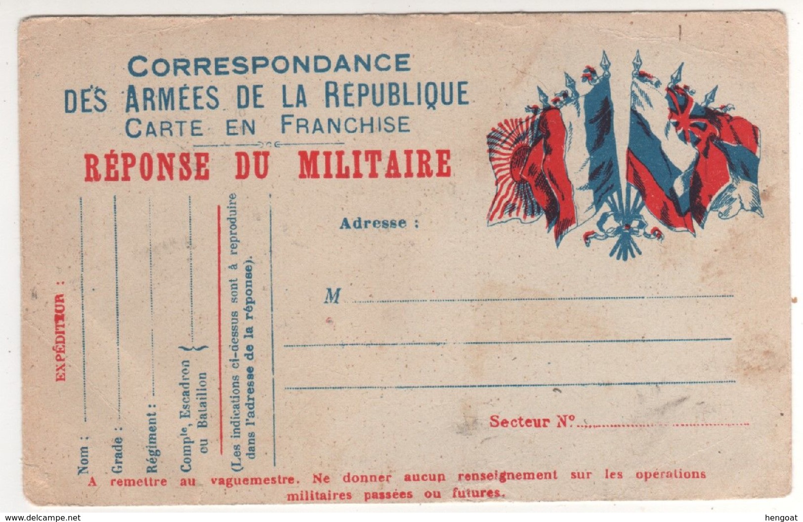 Carte " Réponse Du Militaire " 6 Drapeaux , écrite - Guerra 1914-18