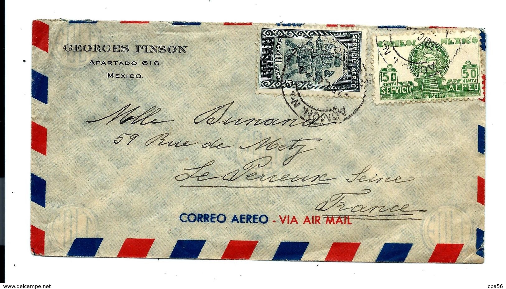Lettre Affranchie 90 Cents (40 + 50) Par AVION - Servicio AEREO - Mexico