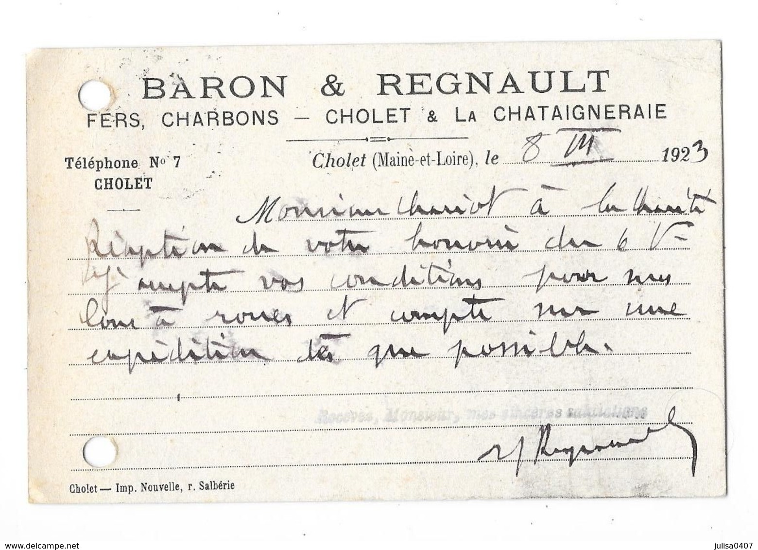 CHOLET LA CHATAIGNERAIE (49) Carte Commerciale Publicitaire Fers Charbons BARON REGNAULT - Cholet