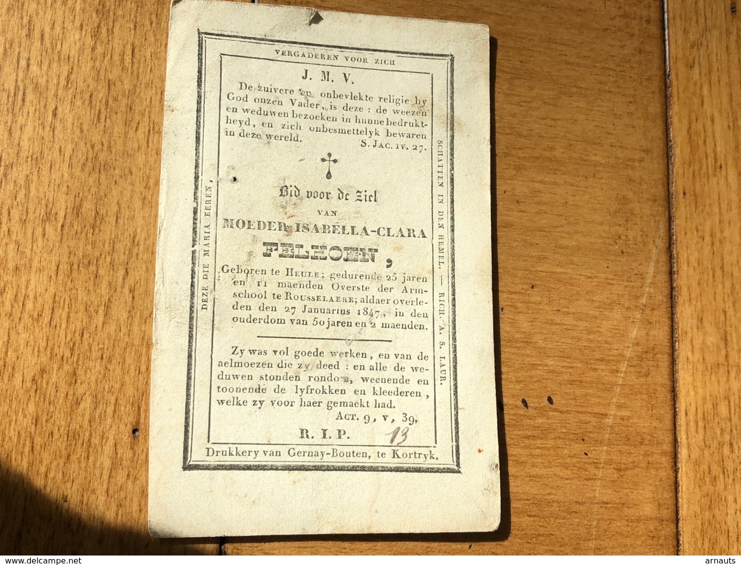 Felhoen Moedr Isabella Clara *1797 Heule Overste Zemensxhool Roeselare +1847 Druk Kortrijk Religieuse Zuster - Obituary Notices