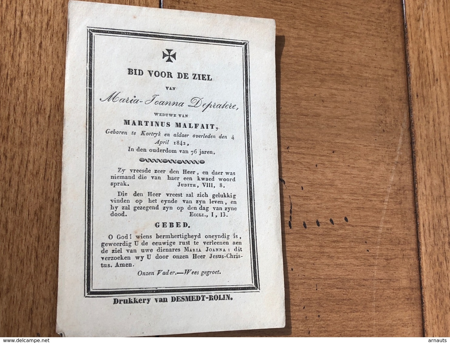 Marie Joanna Depratere Wed Malfait Martinus *1766 Kortrijk +1842 Kortrijk Druk Desmet Rollin - Obituary Notices