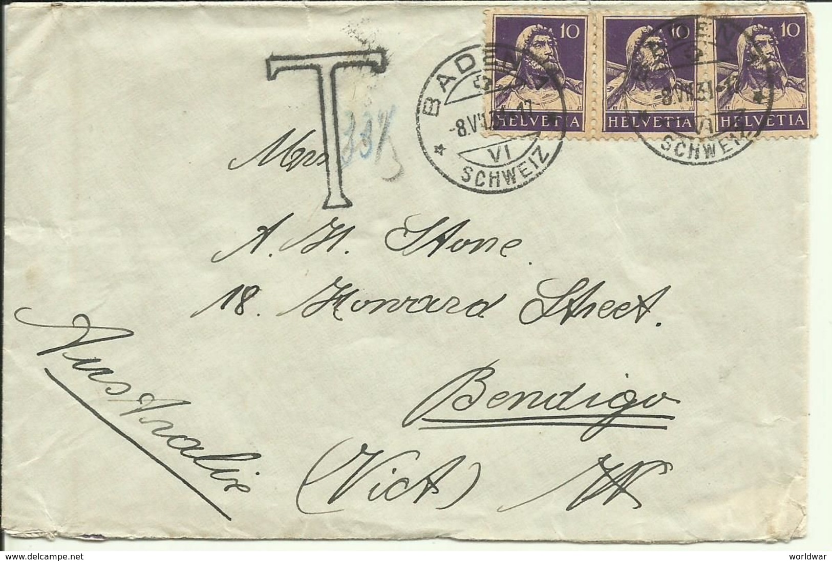 1931  Brief Mit Taxgebühr Von Baden Nach Bendigo, Australien - Cartas & Documentos