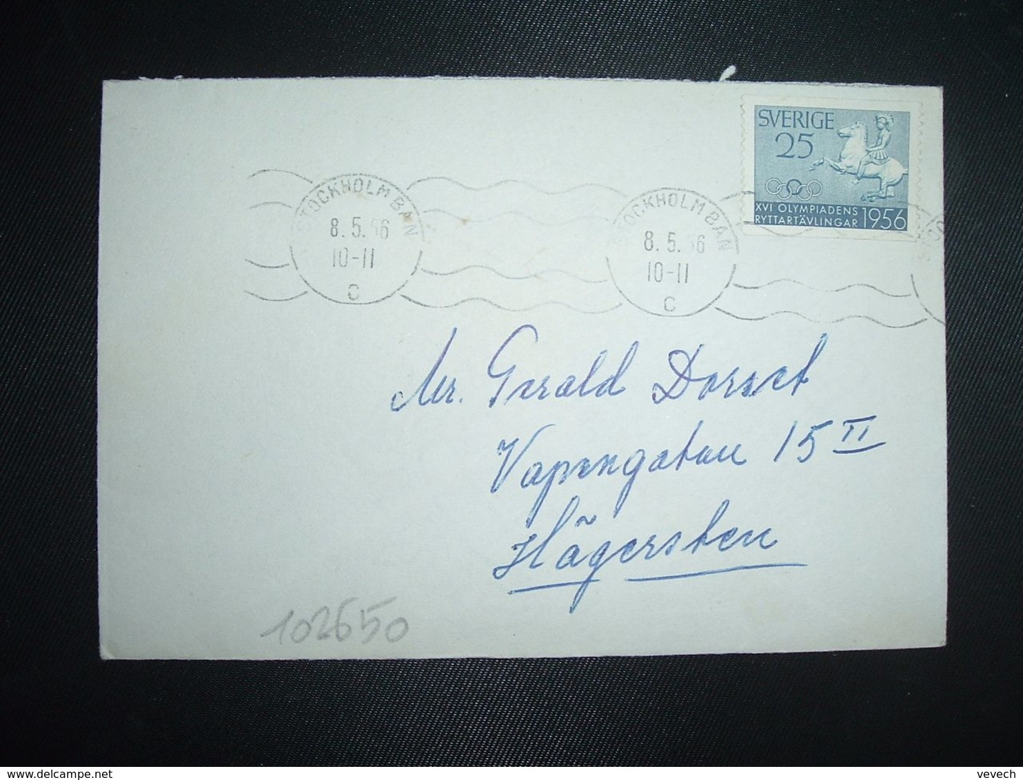 LETTRE TP XVI JO 1956 CAVALIER CHEVAL 25 OBL.MEC.8-5 56 STOCKHOLM BAN - Lettres & Documents