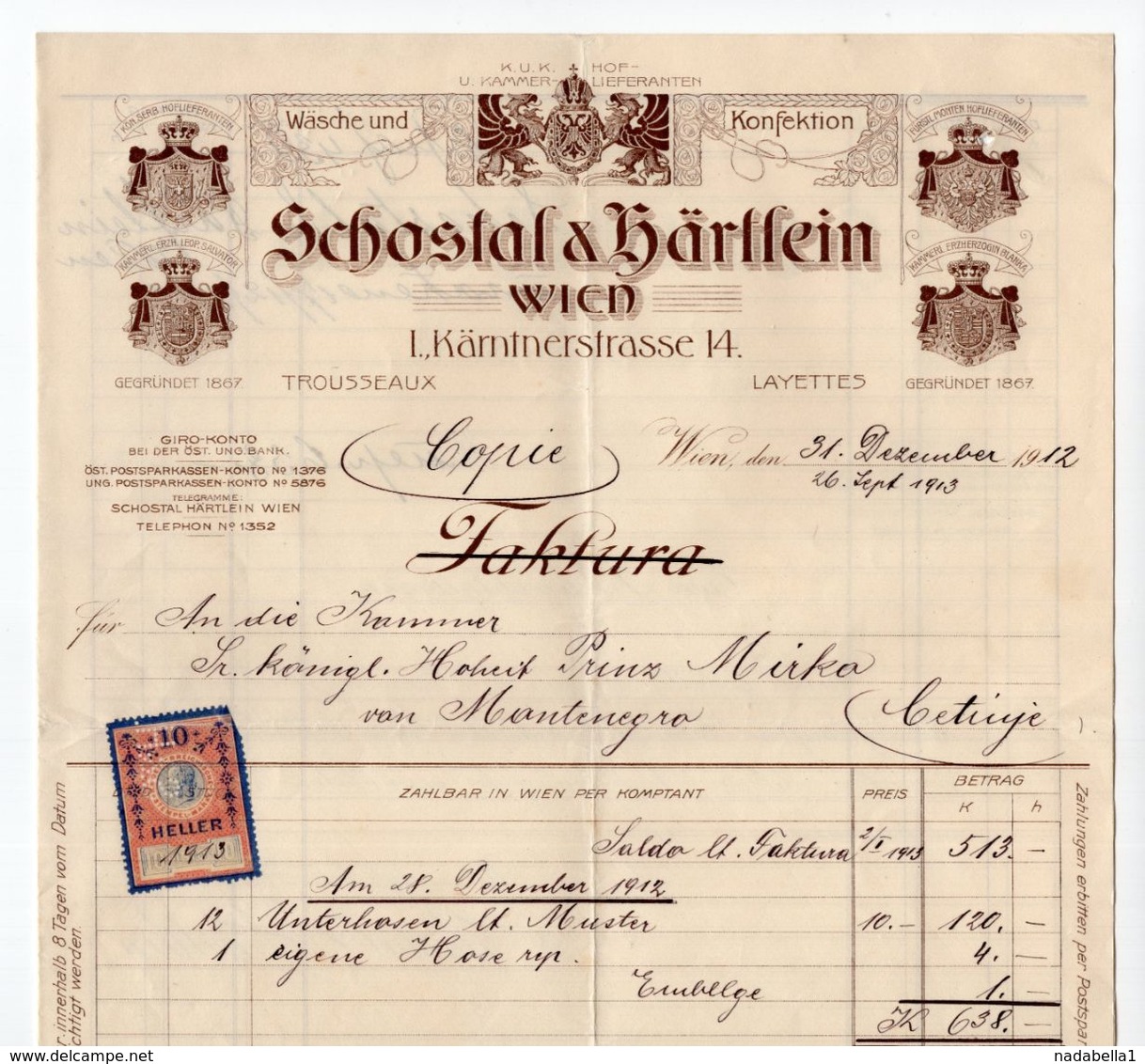 1912. AUSTRIA,VIENNA,SCHOSFAL & GARTFEIN INVOICE TO PRINCE MIRKO OF MONTENEGRO,CETINJE,2 HELLER REVENUE,ROYAL SUPPLIER - Lettres & Documents