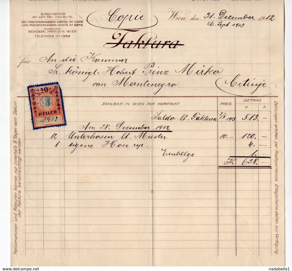 1912. AUSTRIA,VIENNA,SCHOSFAL & GARTFEIN INVOICE TO PRINCE MIRKO OF MONTENEGRO,CETINJE,2 HELLER REVENUE,ROYAL SUPPLIER - Lettres & Documents