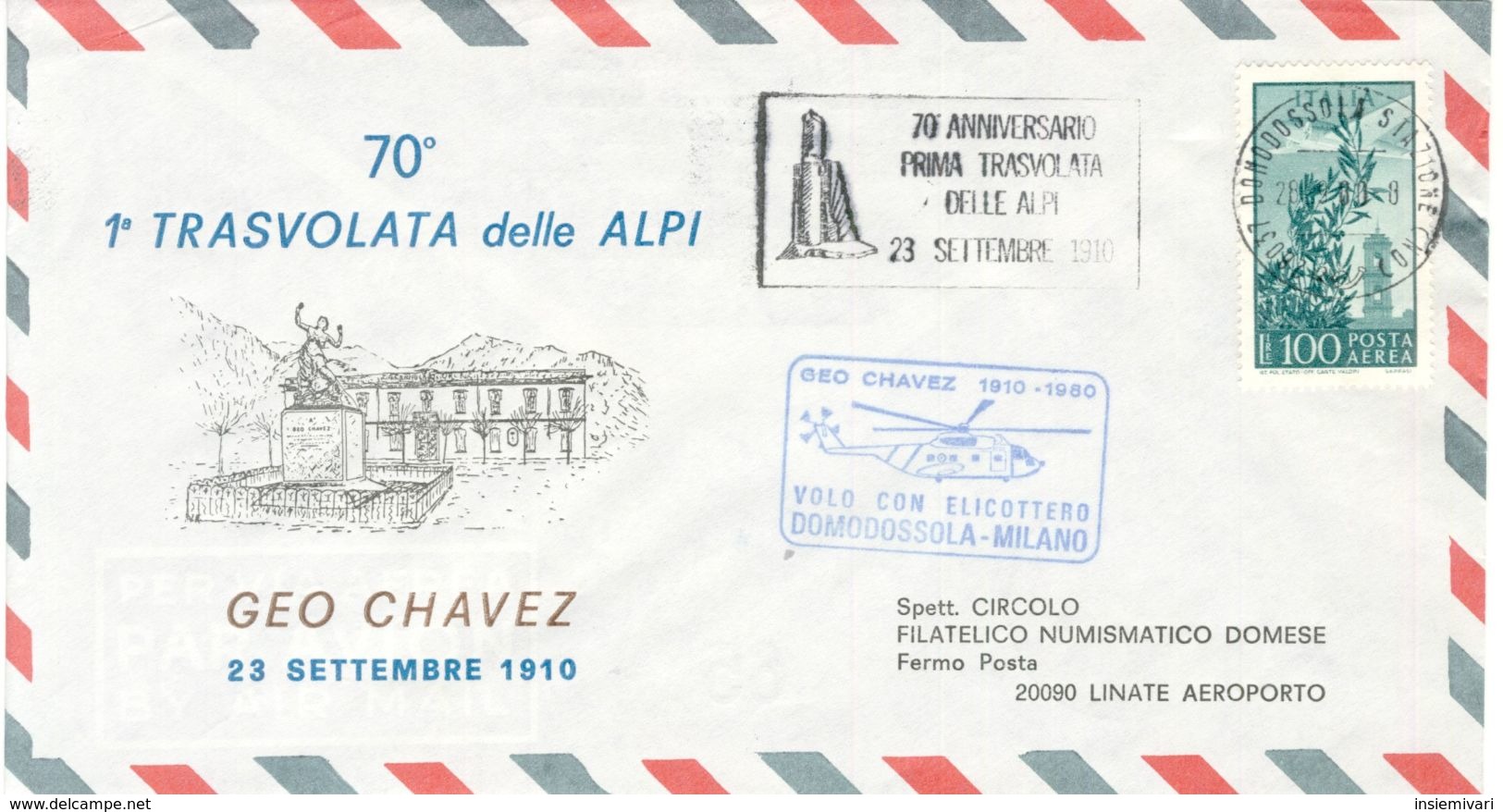 1980 Italia Svizzera Geo Chavez ELICOTTERO Milano Domodossola.23/09/1980. - Helikopters