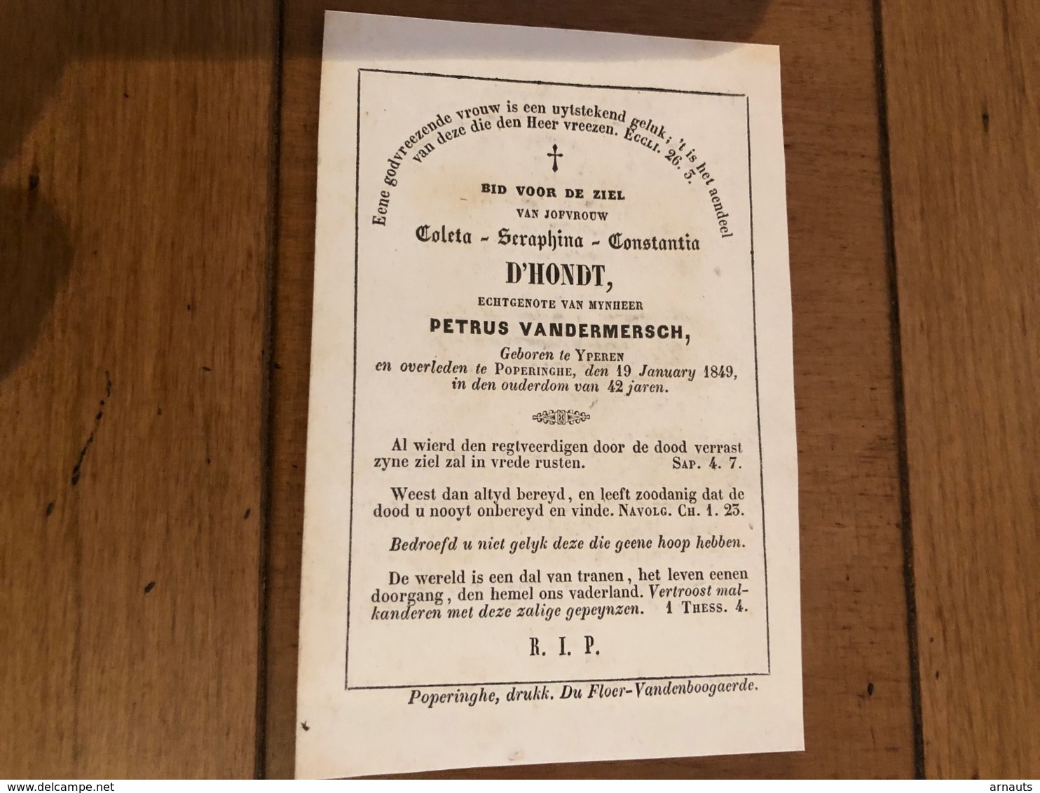 D’Hondt Coleta Echtg Vandermersch *1807 Ieper +1849 Ypres Druk Poperinge D’opter à Paris Doodsprentje - Obituary Notices