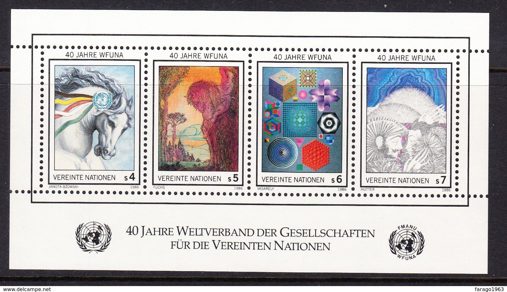 1986 United Nations Vienna WFUNA Art Paintings Horses Souvenir Sheet MNH - Unused Stamps