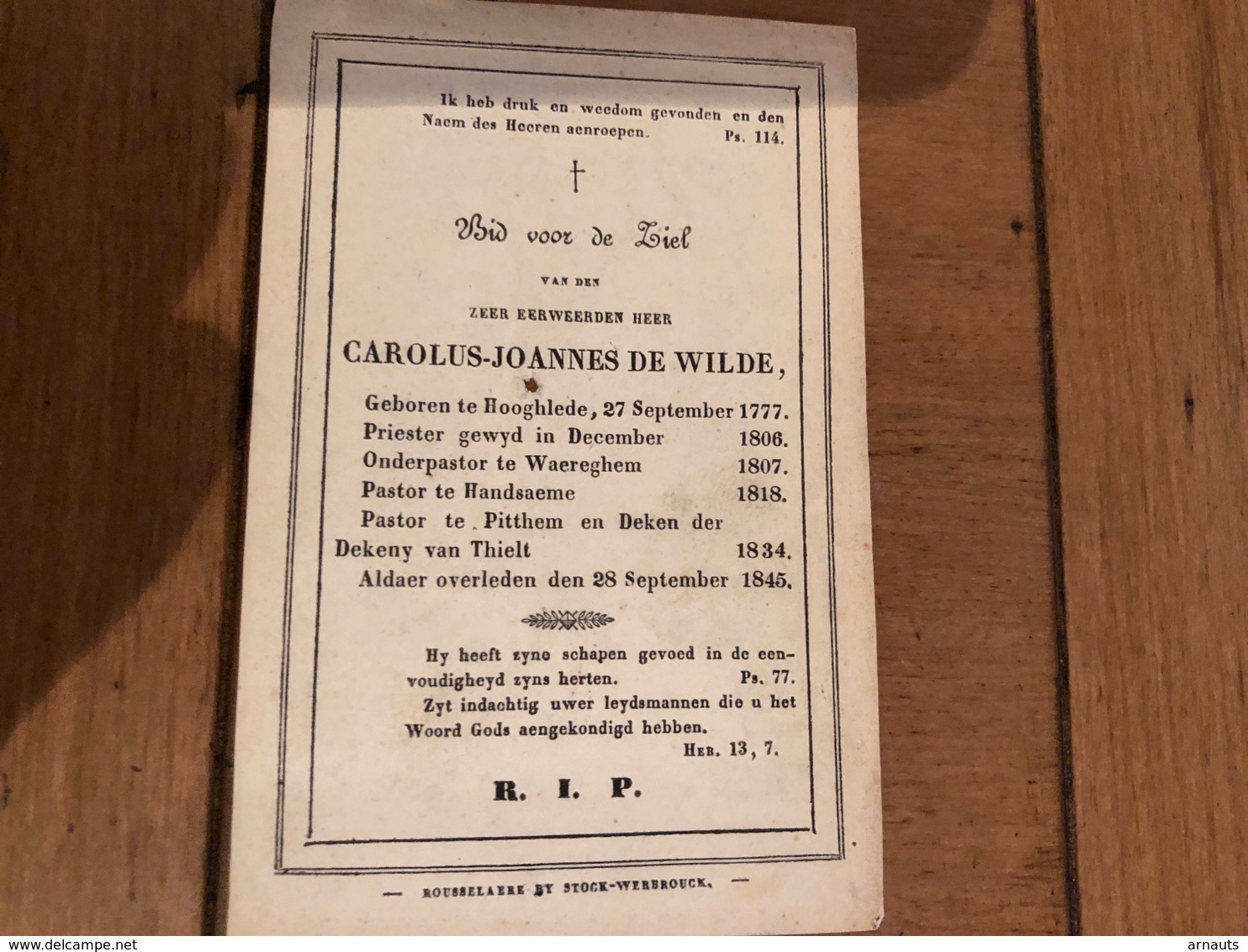 Eerwaarde Heer De Wilde Carolus Joannes *1777 Hooglede Priester Waregem Handzame Kortemark Pittem Deken Tielt +1845 - Obituary Notices