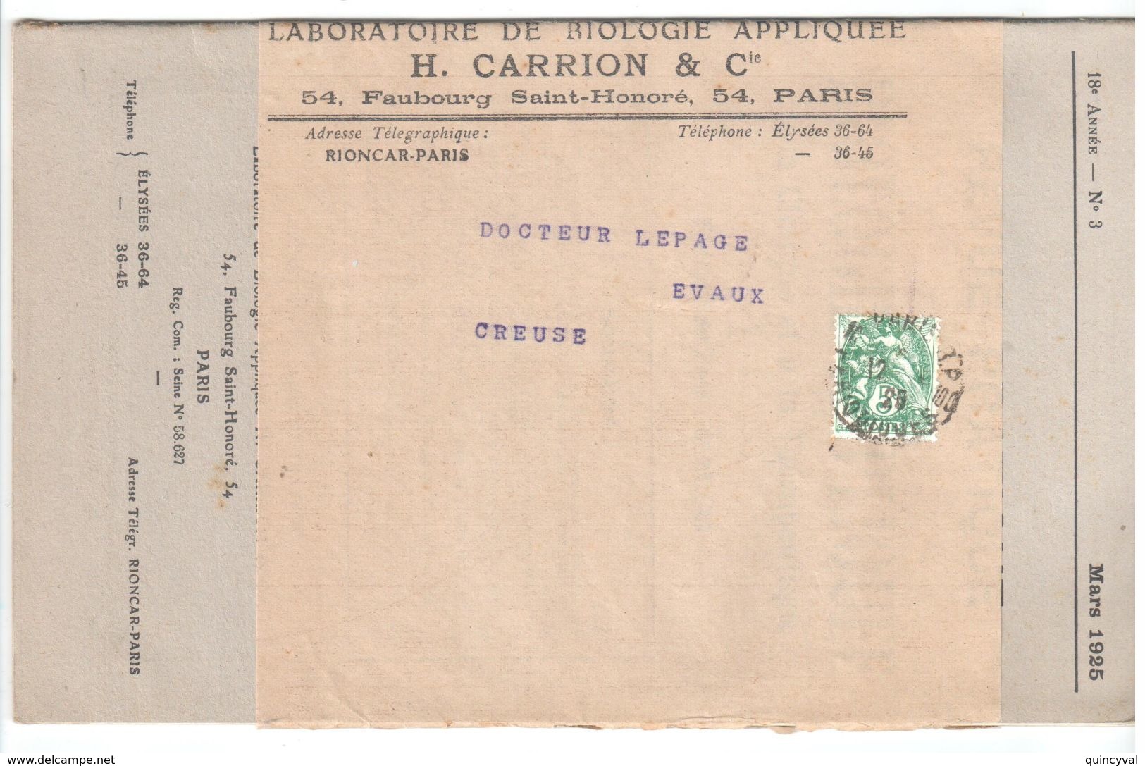 PARIS RP PERIODIQUES 5c Blanc Vert T2 Yv 111 Sur Bande Revue Biologie CARRION Ob 1922 Dest Evaux Creuse - Covers & Documents