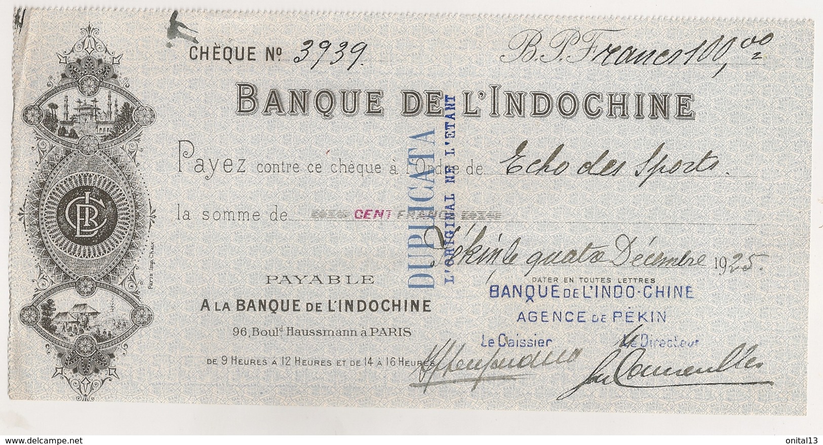 1925 CHEQUE BANQUE DE L'INDOCHINE AGENCE DE PEKIN  N14 - Chèques & Chèques De Voyage