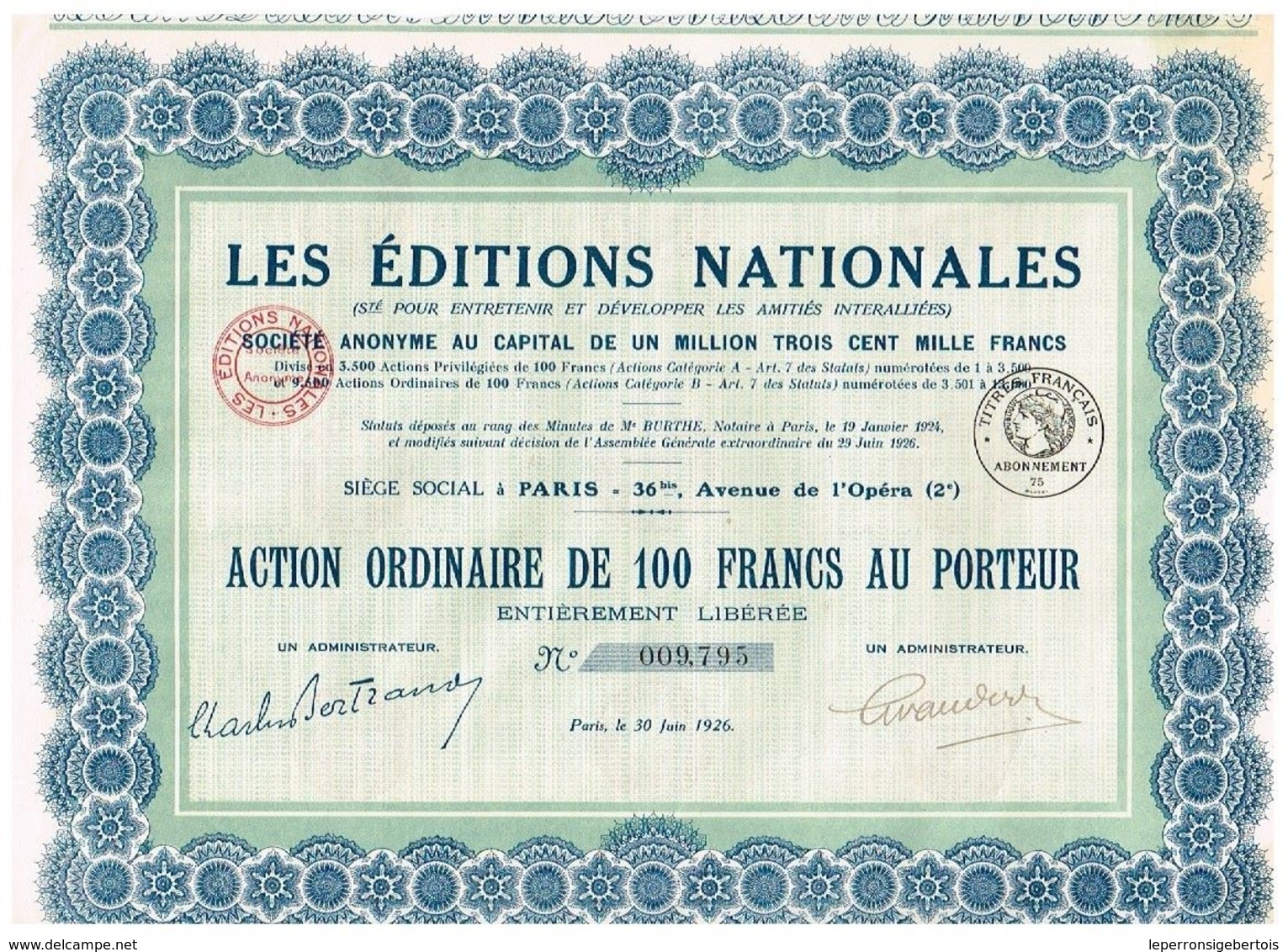 Titre Ancien - Les Editions Nationales - Société Anonyme - Titre De 1926 - - Industrie