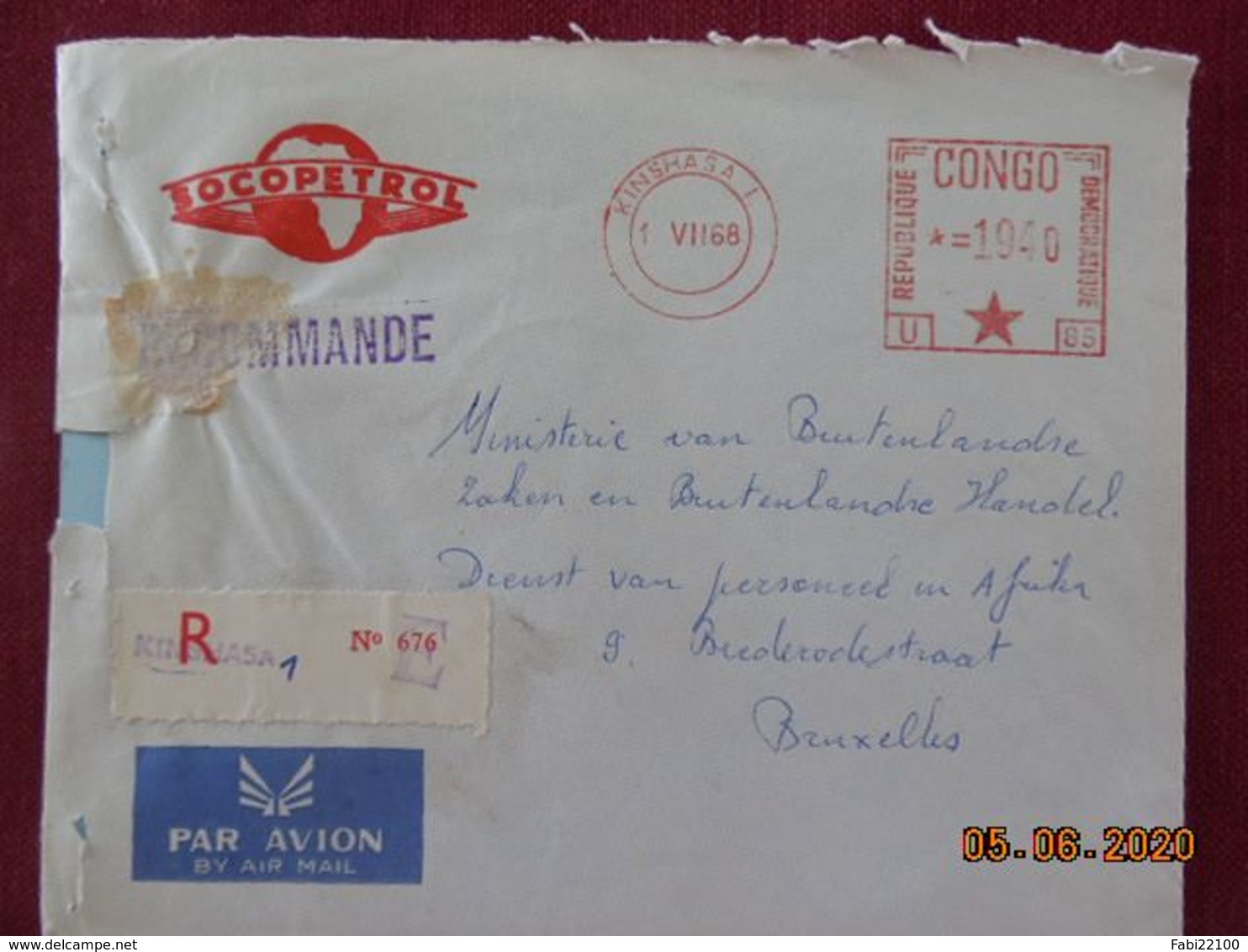 Lettre Du Congo De 1968 Pour Bruxelles Avec EMA En Recommandé - Storia Postale