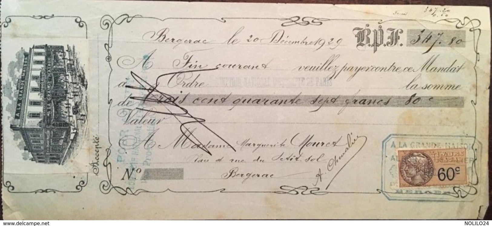 Mandat à Ordre De 1929, Magasin De Confection " A LA GRANDE MAISON" 24-BERGERAC-Dordogne - Banco & Caja De Ahorros