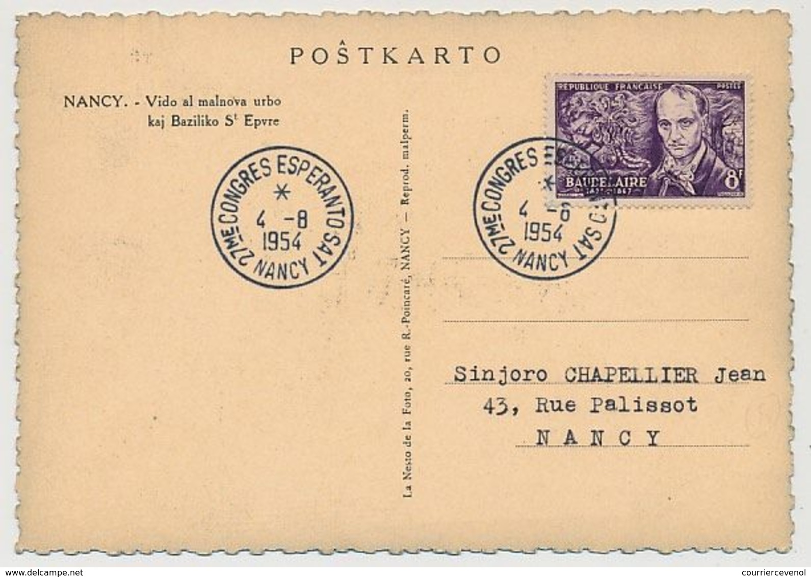 FRANCE - 2 CP De NANCY Légendées En ESPERANTO - Cachet Temp. 27eme Congrès Espéranto Sat 1954 - Cachets Commémoratifs