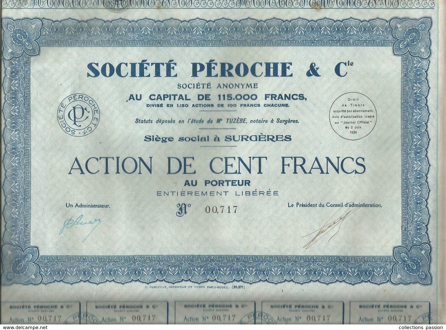 Action De Cent Francs ,1934, SOCIETE PEROCHE & Cie , Capital Divisé En 1150 Actions , SURGERES , Frais Fr 1.95 E - Autres & Non Classés