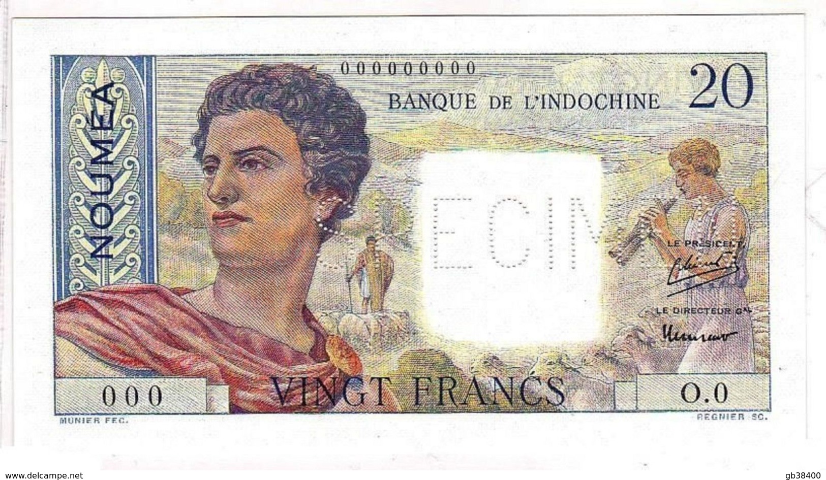 INDOCHINE SPECIMEN DE 20 FRANCS NOUMEA SUPERBE - Indochina