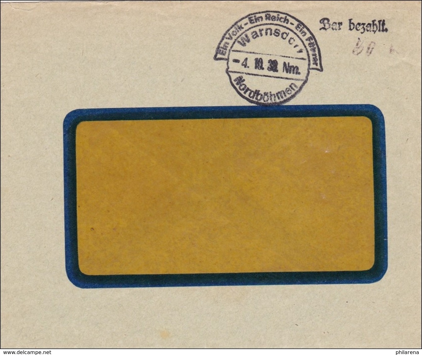 B&M: Warnsdorf 1938 - Bar Bezahlt, Propaganda Stempel - Occupation 1938-45