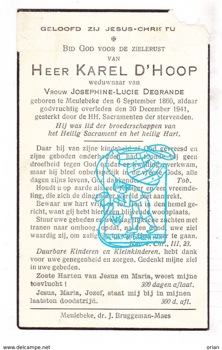DP Karel D'Hoop ° Meulebeke 1860 † 1941 X Josephine L. Degrande - Devotieprenten