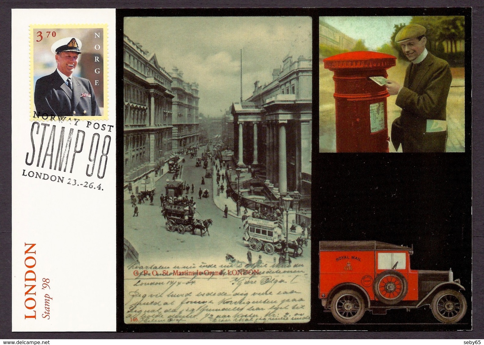 Norway - Philatelic Exhibitions, London 1998, Postman, Ancient Views Of The Town Vintage Cars, King Olav - Expo Card - 1851 – London (United Kingdom)