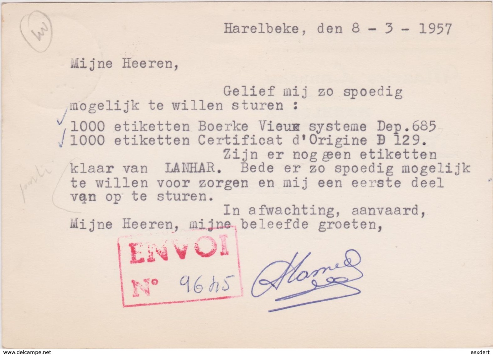 Pub. Reclame / Harelbeke M.Lanneau Wijnen & Likeuren In 't Groot 1957 - Harelbeke