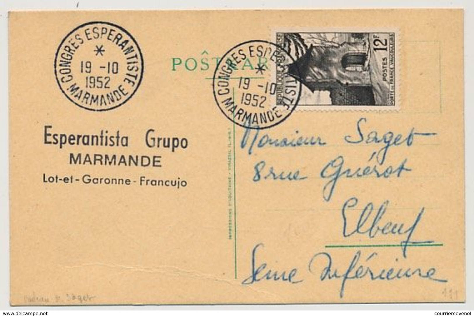 FRANCE - CP De MARMANDE Légendée En ESPERANTO - Cachet Temp. Congrès Espérantiste MARMANDE 1952 - Matasellos Conmemorativos