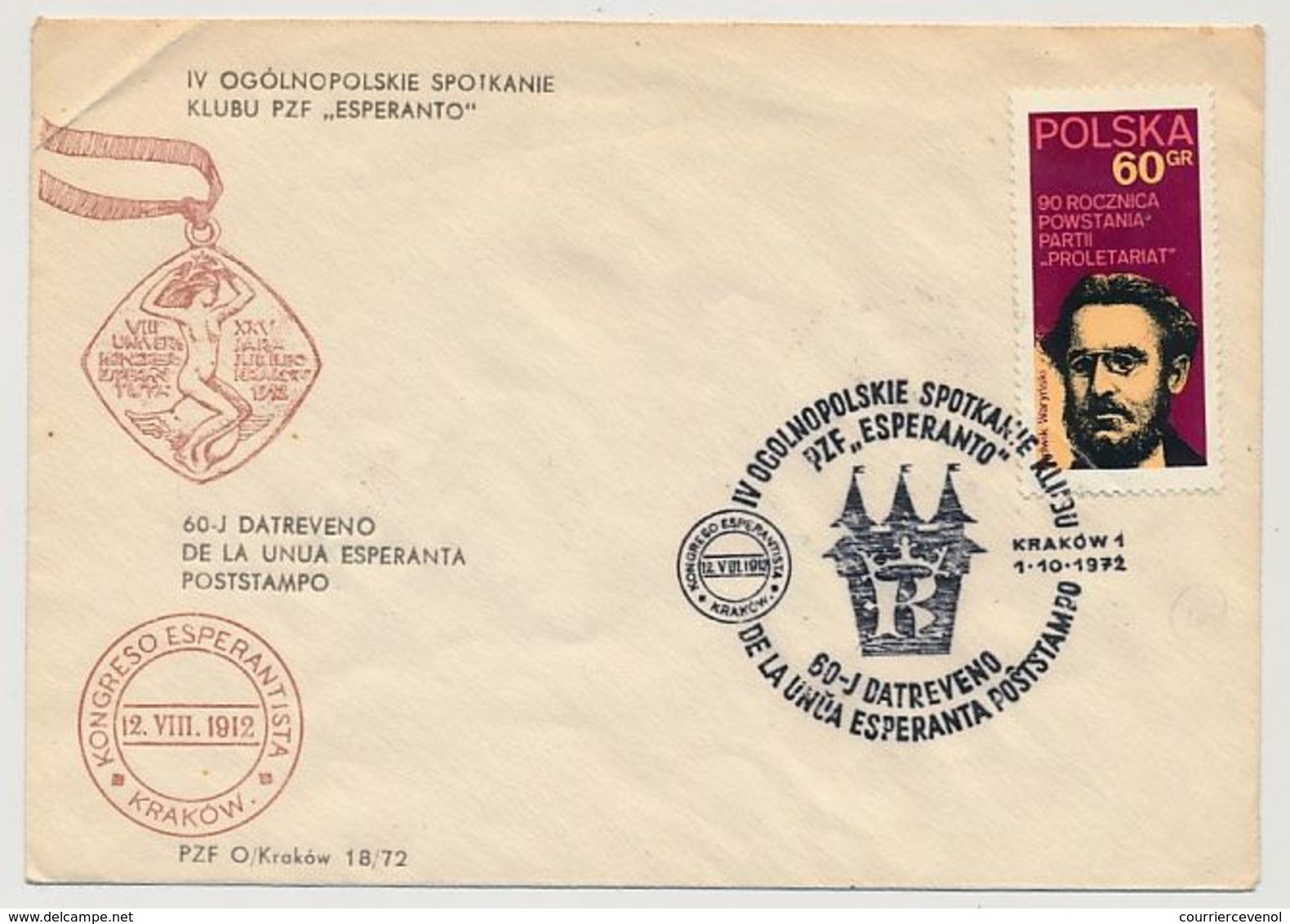 POLOGNE - Env. Cachet Temporaire - 60eme Anniversaire Premier Cachet Congrès Espérantiste - 1912/1962 Cracovie - Esperanto