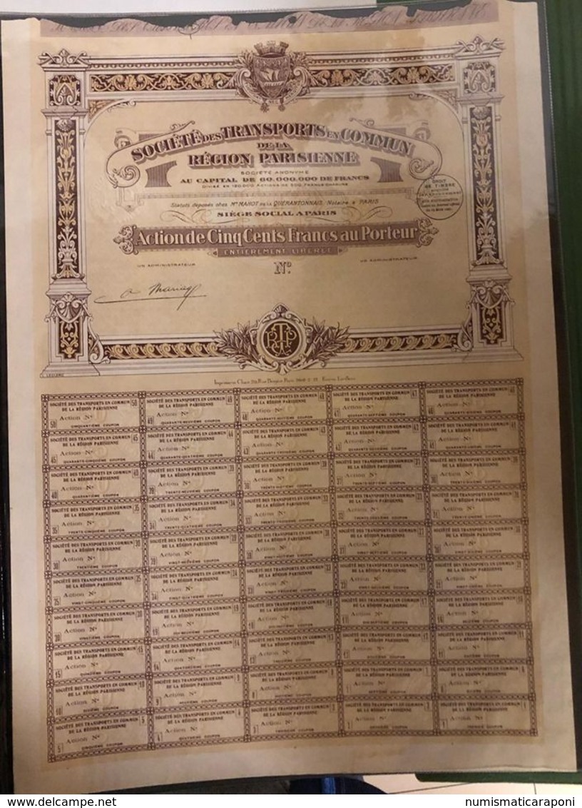 Societè Des Transport En Commun Region Parisienne Action De 500 Francs Cod.doc.292 - Trasporti