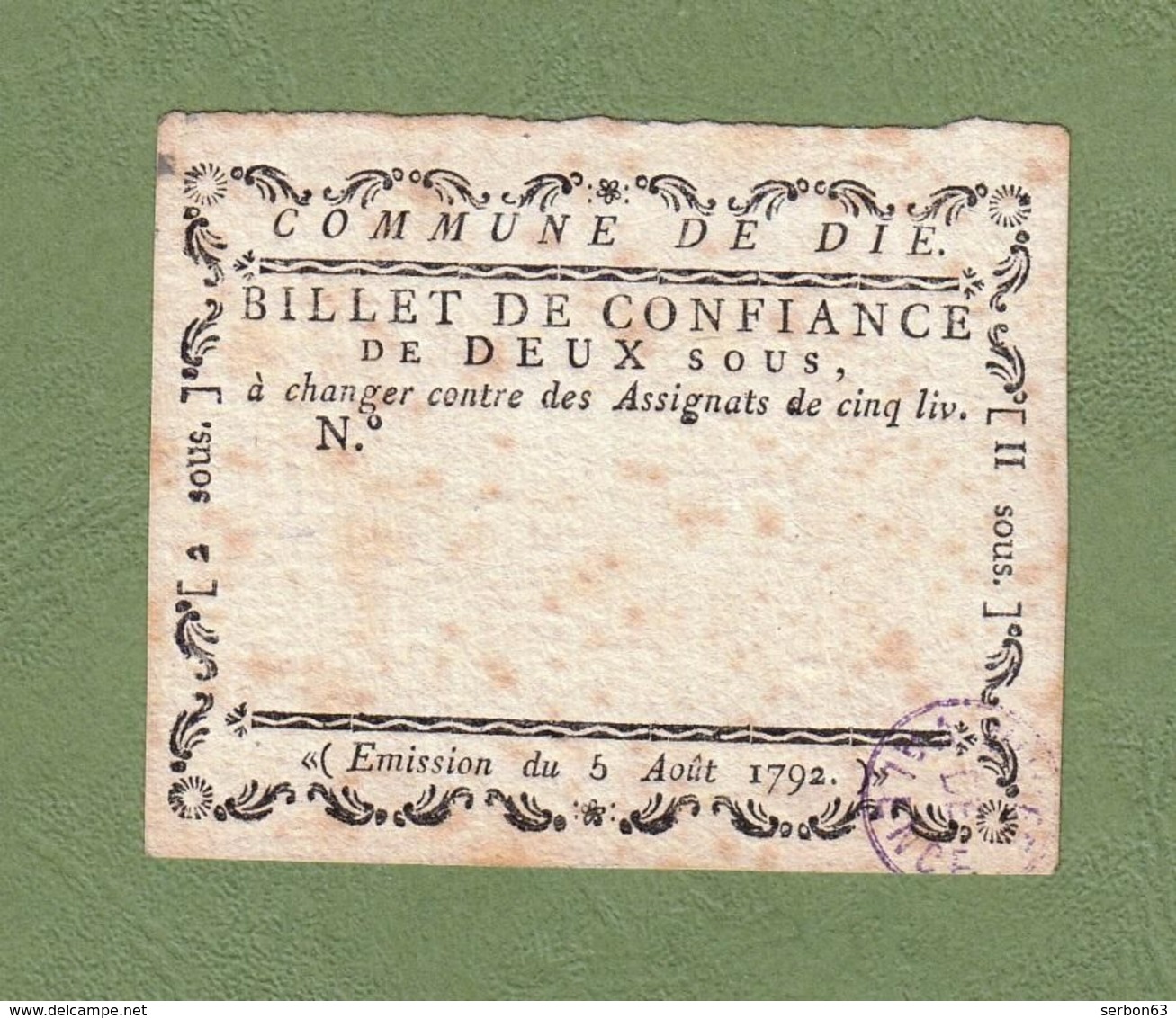 ASSIGNAT BILLET DE CONFIANCE  DE 2 SOUS  5 AOÛT 1792 COMMUNE DE DIE SANS N° TAMPON HUMIDE VIOLET VALENCE Serbon63 - Assignats & Mandats Territoriaux