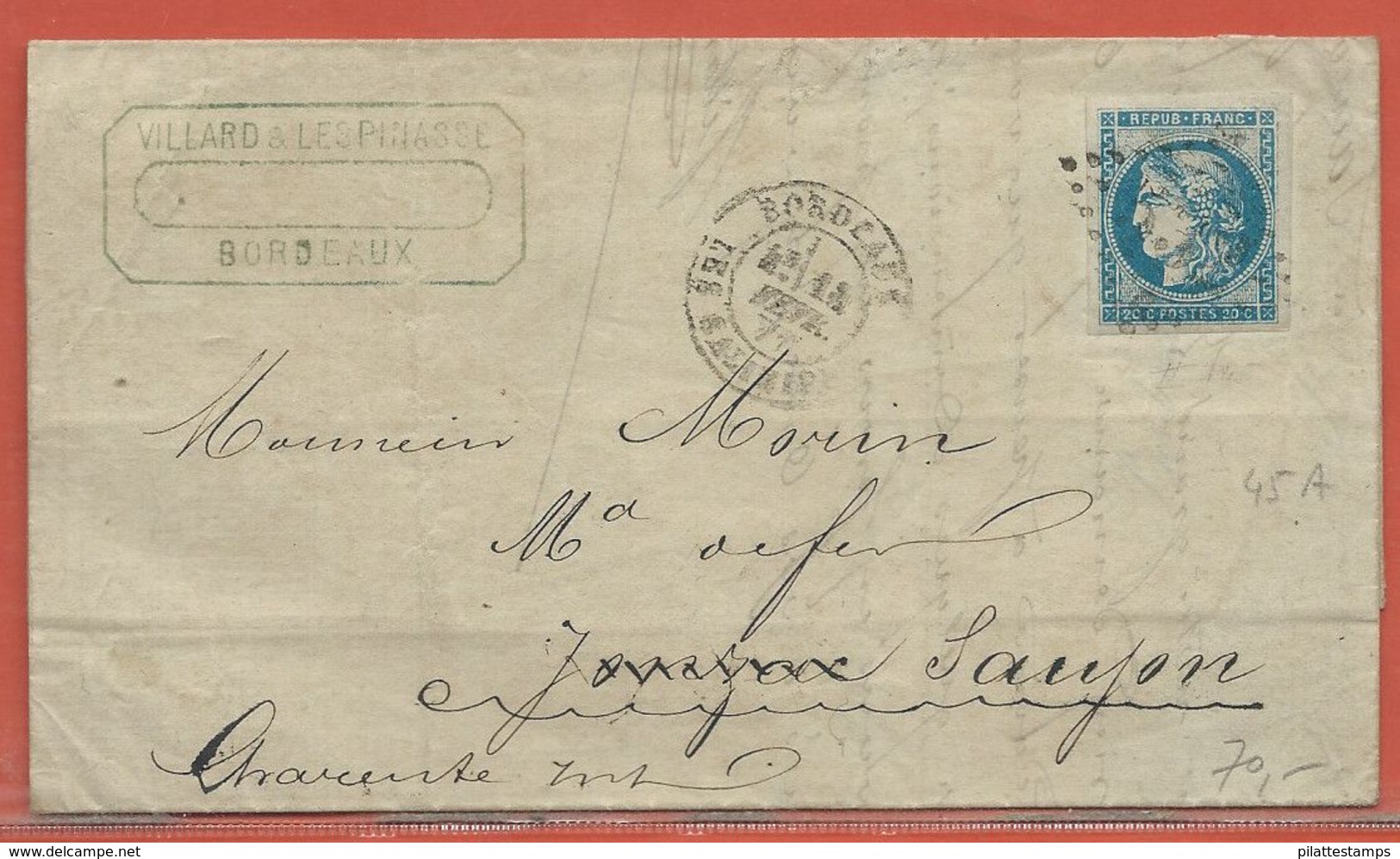 FRANCE N°45A SUR LETTRE DE 1871 DE BORDEAUX POUR SAUJON - 1870 Emisión De Bordeaux